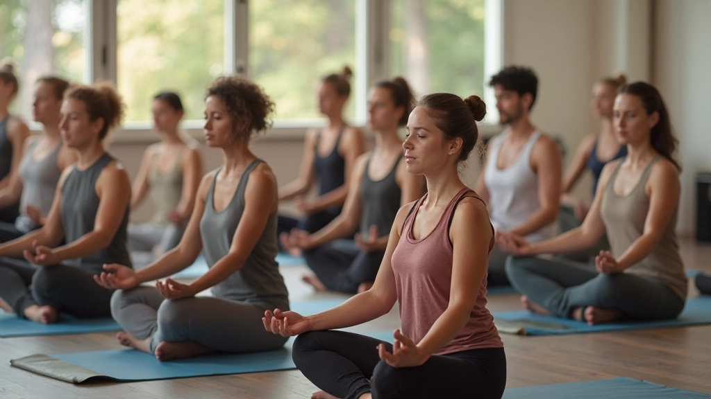 Groep mensen in yogastudio die samen mediteren in een serene setting