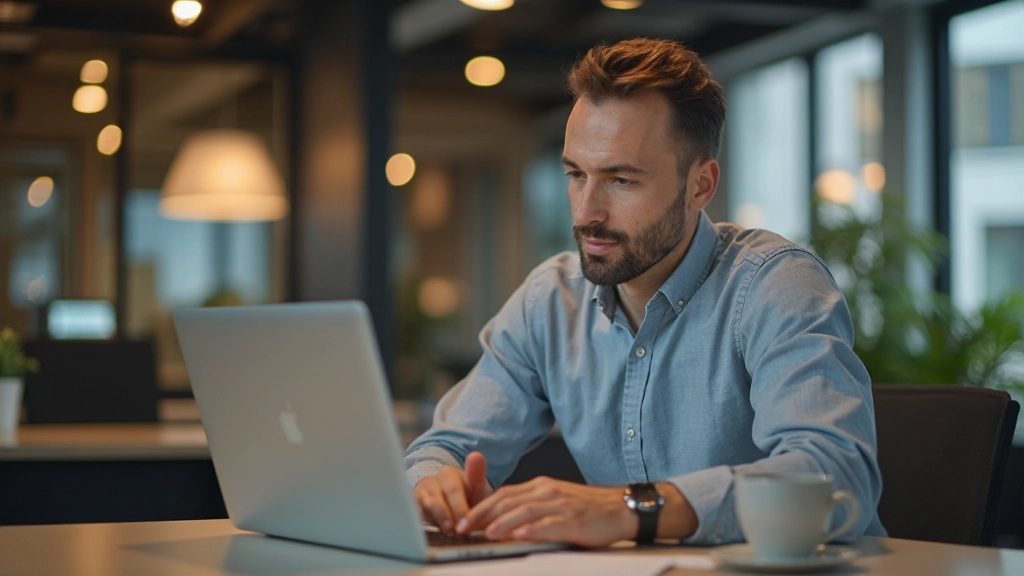 Persoon die mindfully aan het werken is op een laptop met koffie op het bureau