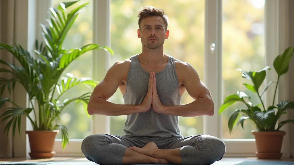 Persoon die aan yoga doet in zonnige kamer met groene planten