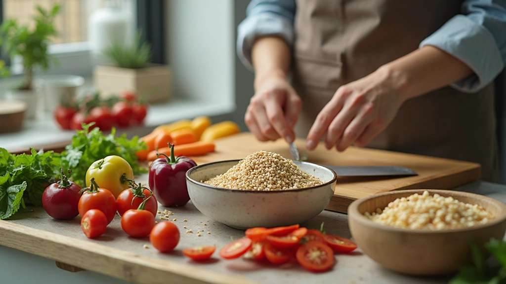 Gezonde maaltijdvoorbereiding met groenten en granen op donker bord