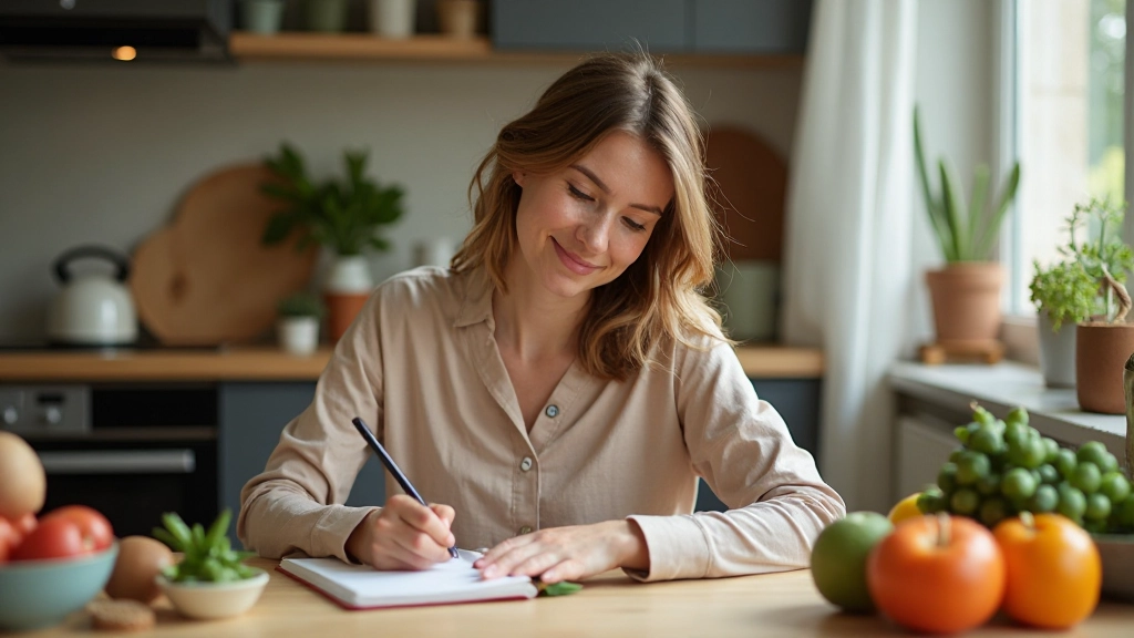 Persoon die een voedzaam maaltijdplan schrijft in een notitieboek met groenten in het zicht