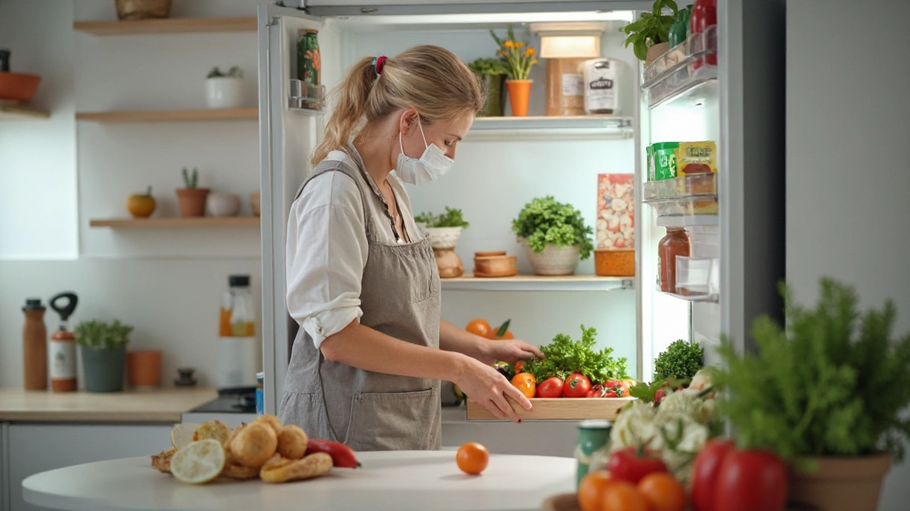 Goed georganiseerde keuken met gezonde voeding prominent zichtbaar en voedingsmiddelen op hun plaats