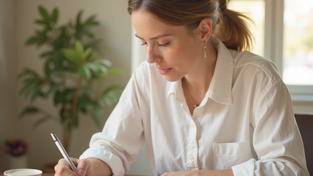Persoon die in journal schrijft met koffie op bureau in ochtendlicht