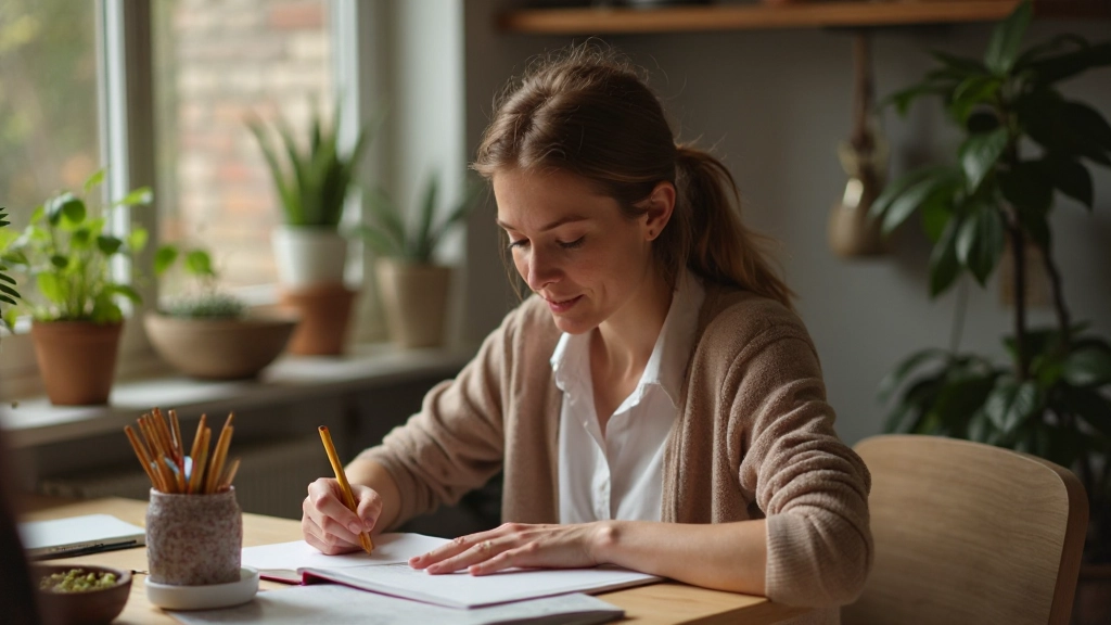Persoon die een voedingsdagboek invult met notities over maaltijden en gevoelens