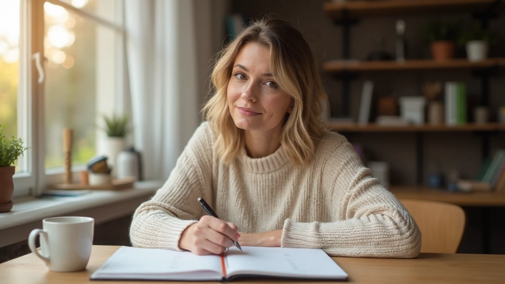 Inspirerend afbeelding van iemand die aan persoonlijke groei werkt met planner en koffie